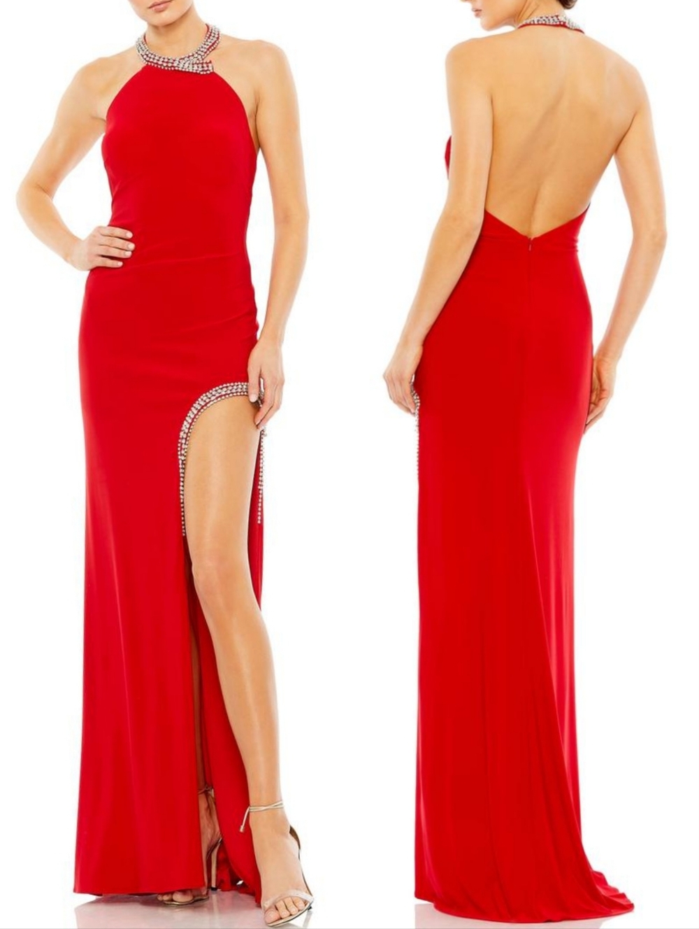 Ieena Mac Duggal 26533 Red Rhinestone Collar Halter Slit Maxi Dress 0 NWT Flawed